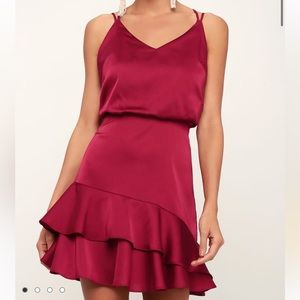 Lulu’s On the Floor Fuchsia Satin Ruffle Dress